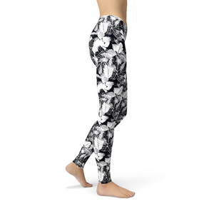 Women's Leggings Avery Black White Leaves Activewear Yoga Leggings Made in the USA