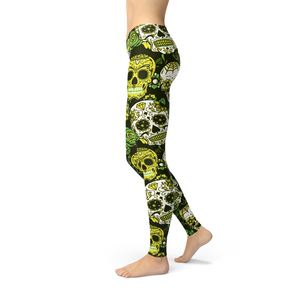 Women's Leggings Avery Green Sugar Skulls Activewear Yoga Leggings Made in the USA