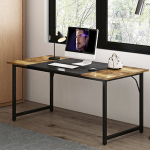 Contrasting Color Splice Board Design Computer Office Desk, Home Office Writing Desk, Black Metal Frame