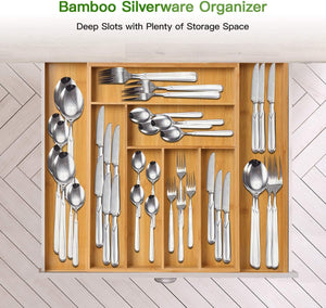 Bamboo Expandable Drawer Organizer for Utensils Holder, Adjustable Cutlery Tray, Wood Drawer Dividers Organizer for Silverware, Flatware, Knives in Kitchen, Bedroom, Living Room