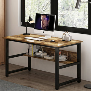 Multi- Purpose in One Design Computer Desk, Home Office Writing Desk, Black Metal Frame, Charcoal Wood Color