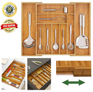 Bamboo Expandable Drawer Organizer for Utensils Holder, Adjustable Cutlery Tray, Wood Drawer Dividers Organizer for Silverware, Flatware, Knives in Kitchen, Bedroom, Living Room