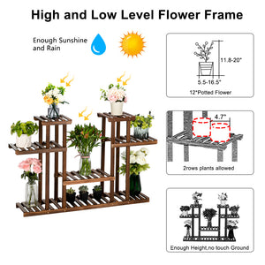 Flower Pots Rack Shelf Holder 4-Story 12-Seat Indoor Outdoor Carbonized Wood Plant Stand