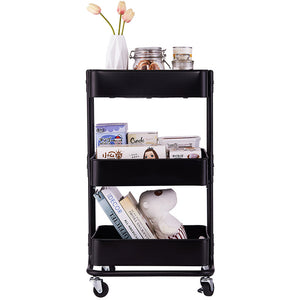 3-Tier Metal Rolling Cart, Utility Cart, Kitchen Cart with Adjustable Shelves, Storage Trolley with 2 Brakes, Easy Assembly, for Kitchen, Bathroom