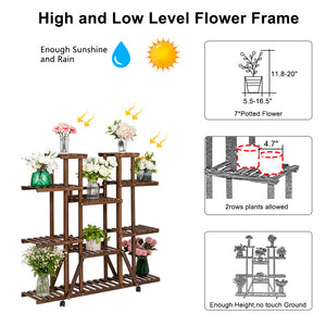 Artisasset 3-Layer 9-Seat Indoor And Outdoor Multifunctional Carbonized Ribbon Wheel Wooden Plant Stand