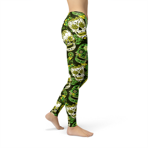 Women's Leggings Avery Green Sugar Skulls Activewear Yoga Leggings Made in the USA